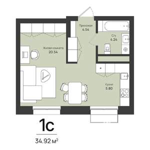 1-к квартира, строящийся дом, 35м2, 1/16 этаж