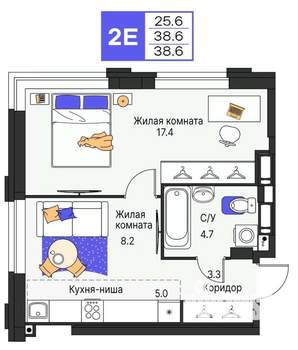 2-к квартира, строящийся дом, 39м2, 13/25 этаж