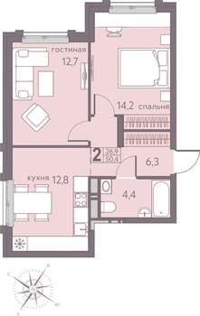 2-к квартира, строящийся дом, 50м2, 12/22 этаж