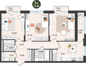 3-к квартира, вторичка, 80м2, 9/10 этаж