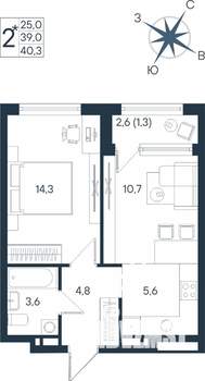 2-к квартира, строящийся дом, 40м2, 7/15 этаж