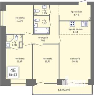 4-к квартира, вторичка, 86м2, 2/7 этаж