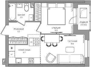 2-к квартира, вторичка, 39м2, 21/22 этаж