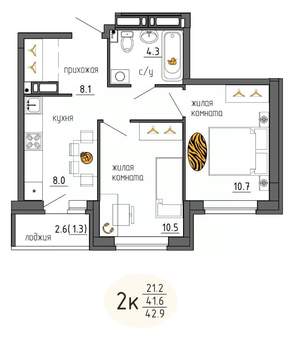 2-к квартира, строящийся дом, 43м2, 10/25 этаж