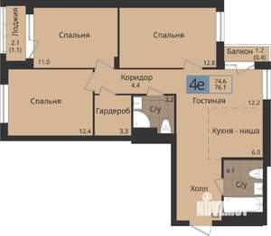 4-к квартира, вторичка, 76м2, 2/4 этаж