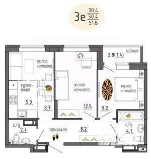 3-к квартира, вторичка, 52м2, 12/25 этаж