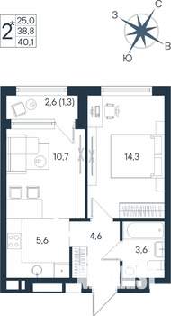 2-к квартира, строящийся дом, 40м2, 10/15 этаж