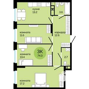 3-к квартира, строящийся дом, 74м2, 13/25 этаж