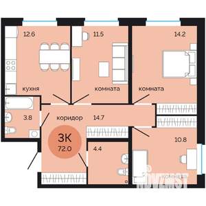 3-к квартира, вторичка, 72м2, 1/7 этаж