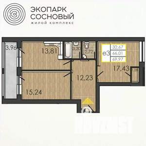 2-к квартира, вторичка, 66м2, 1/4 этаж