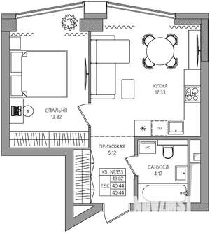 2-к квартира, строящийся дом, 40м2, 8/28 этаж