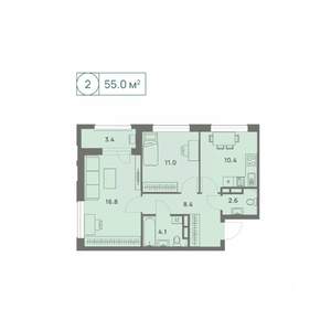 2-к квартира, вторичка, 55м2, 2/25 этаж