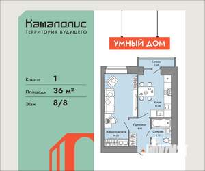 1-к квартира, вторичка, 36м2, 8/8 этаж