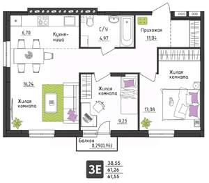 3-к квартира, вторичка, 62м2, 1/4 этаж