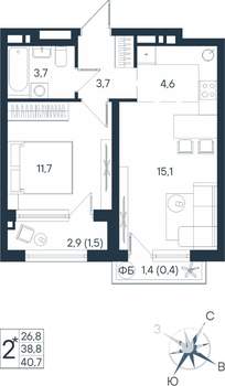 2-к квартира, строящийся дом, 41м2, 4/15 этаж