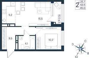 2-к квартира, строящийся дом, 45м2, 10/15 этаж