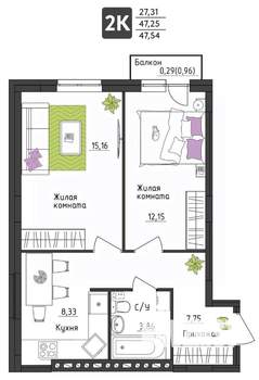 2-к квартира, вторичка, 48м2, 1/4 этаж