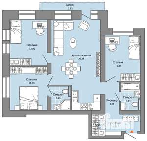 3-к квартира, вторичка, 85м2, 8/9 этаж