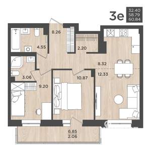 3-к квартира, строящийся дом, 61м2, 17/24 этаж