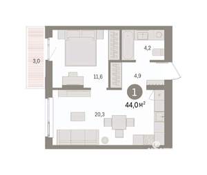 1-к квартира, вторичка, 44м2, 6/16 этаж