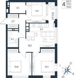 4-к квартира, строящийся дом, 73м2, 6/15 этаж