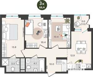 3-к квартира, вторичка, 66м2, 4/25 этаж