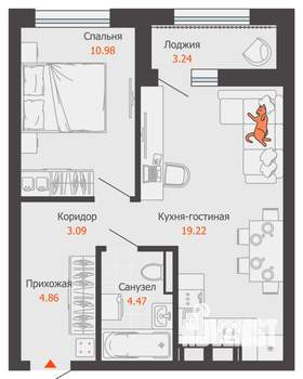 1-к квартира, вторичка, 44м2, 4/16 этаж