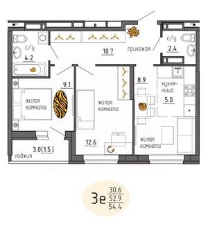 3-к квартира, строящийся дом, 54м2, 19/25 этаж