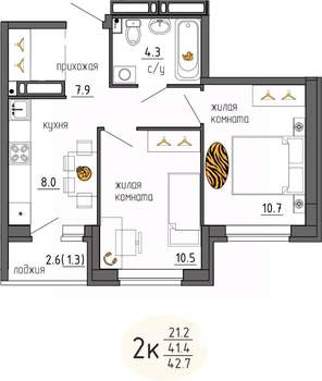 2-к квартира, строящийся дом, 43м2, 23/25 этаж