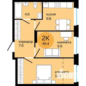2-к квартира, строящийся дом, 46м2, 1/25 этаж