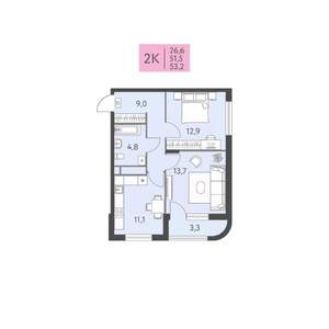 2-к квартира, вторичка, 53м2, 4/22 этаж