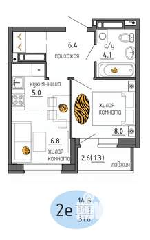 2-к квартира, строящийся дом, 32м2, 24/25 этаж