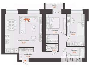 2-к квартира, вторичка, 74м2, 7/7 этаж