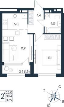 2-к квартира, строящийся дом, 40м2, 9/15 этаж