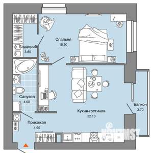 1-к квартира, вторичка, 52м2, 5/8 этаж