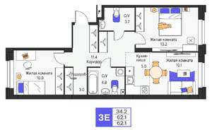 3-к квартира, строящийся дом, 62м2, 9/25 этаж