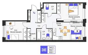3-к квартира, строящийся дом, 62м2, 5/25 этаж