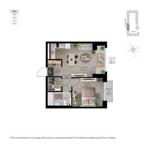 2-к квартира, строящийся дом, 48м2, 6/6 этаж