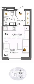 Студия квартира, строящийся дом, 22м2, 13/25 этаж