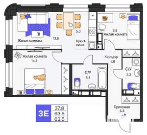 3-к квартира, строящийся дом, 64м2, 6/19 этаж