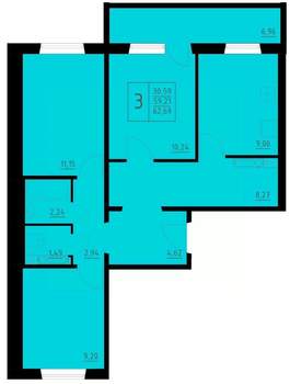 3-к квартира, строящийся дом, 63м2, 7/10 этаж