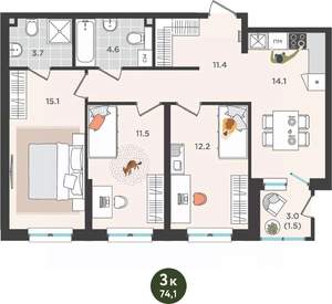 3-к квартира, вторичка, 74м2, 2/25 этаж
