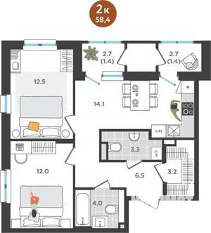 2-к квартира, вторичка, 58м2, 2/25 этаж