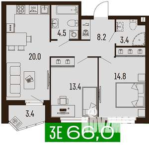 3-к квартира, вторичка, 66м2, 7/16 этаж