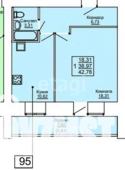 1-к квартира, вторичка, 43м2, 2/16 этаж