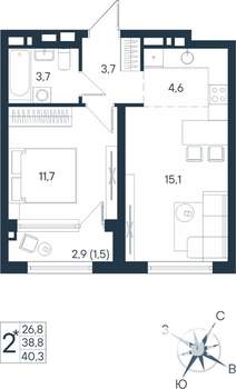 2-к квартира, строящийся дом, 40м2, 10/15 этаж