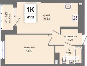 1-к квартира, вторичка, 41м2, 7/14 этаж