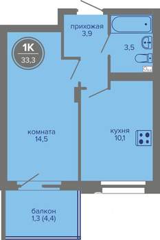 1-к квартира, вторичка, 33м2, 3/26 этаж