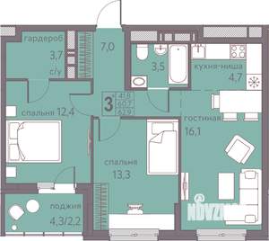 3-к квартира, вторичка, 63м2, 11/22 этаж