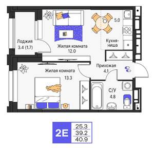 2-к квартира, строящийся дом, 41м2, 3/19 этаж